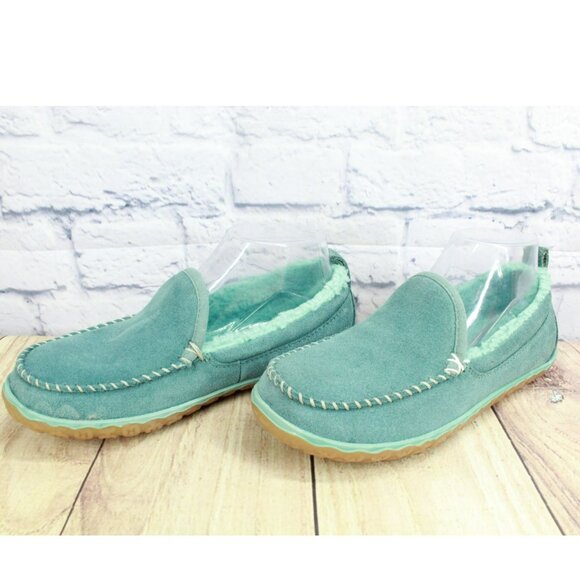 LL Bean Green Suede Slip-On Fleece Lined Mountain Moccasin Slippers Size 7 M - Picture 2 of 9